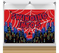 5th Birthday Spider Web Backdrop, 180x120cm/5.91x3.94ft Swinging into 5 Spider Theme Birthday Decoration for Boys Girls Photo Prop