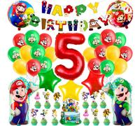 5th Birthday Super Foil and Latex Balloons for Boys Girls - Mario Theme Party Supplies With Banner and Cake Toppers