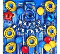 5th Blue Gold Ring Birthday Party Supplies 40'' Number 5 Balloon 28" Gold Ring Balloon Birthday Banner Tinsel Foil Fringe Curtains for Boys Girls Blue Ring Theme Party Cartoon Party Decorations