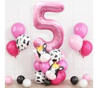 5th Cow Party Decorations for Girls, Pink Number 5 Balloon with Black and Pink Balloons, Cow Print Foil Helium Balloons for Girls Baby Shower 5 Years Birthday Farm Animals Cowgirl Theme Party Supplies