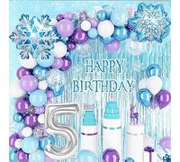 5th Frozen Birthday Decorations Girls,Elsa Frozen Party Decorations with Purple Blue Balloon Arch,Curtain, Cake Topper, Large Foil 5 Number,Snowflake Foil Balloons for 5th Frozen Party Supplies