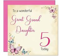 5th Great Granddaughter Birthday Card - Beautiful Butterfly Floral Birthday Card for 5 Year old Kids five, fifth