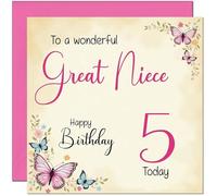 5th Great Niece Birthday Card - Beautiful Butterfly Floral Great Nieces Birthday Card for 5 Year old Kids five, fifth