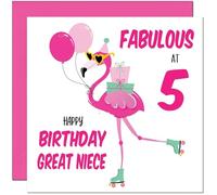5th Great Niece Birthday Card - Fabulous Flamingo - Womens Pink Cute Great Nieces Birthday Card for 5 Year old Kids five, fifth