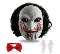 5th LILY Saw Billy Mask The Scary Puppet Clown Mask with Adjustable Red Bow Tie & White Gloves Halloween Mask Adult