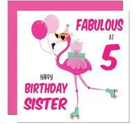 5th Sister Birthday Card - Fabulous Flamingo - Pink Cute Sisters Birthday Card for 5 Year old Kids five, fifth