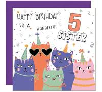 5th Sister Birthday Cards - Childrens Cute Cat Sisters Birthday Card for 5 Year old Kids five, fifth