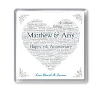 5th Wedding Anniversary Personalised Word Art Heart Coaster - 5 Years (Wood) - Any Names & Message - Red, Blue or Silver, Gift for Husband or Wife
