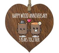 5th Wedding Anniversary Plaque Gift for Husband Wife - 5 Years Together - Happy Wooden Anniversary Wooden Heart for Women Men Partner, Dark Wood Sign Keepsake Gifts