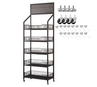 5Tier Carbon Steel Retail Display Shelf Stand for Chips & Drinks Organizing Rack with Hooks & Wheels Ideal for Drugstores & Markets (Size: 50x27cm/19.7x10.6 Color: Black)