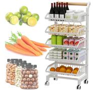 5Tier Commercial Supermarket Fruit & Vegetable Display Rack Rolling Kitchen Storage Cart Snack Organizer Retail Market Shelf White Fruit Basket Stand