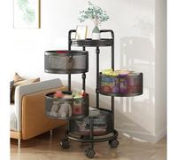 5Tier HeavyDuty Carbon Steel Kitchen Storage Shelf with Rotating Fruit Baskets Rolling Organizer Cart with Wheels Removable Utility Trolley for Kitchen & Bathroom (Black)