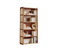 5Tier Wood Bookcase Floor Standing Wide Bookshelf Rattan Craft Storage Shelves for Living Room Home Office & Library Stylish Brown Design 50cm