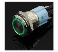 5V 12V 24V 220V metal button switch with light 16mm flat head self-reset momentary button waterproof LED metal switch(Green,12V)