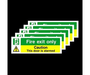 5x Fire Exit Only Caution This Door is Alarmed Rigid Plastic Sign 150x50mm