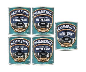 5X Hammerite Satin Black Paint 750ml Direct to Rust Metal Paints