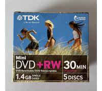 5x TDK Mini DVD+RW 30min 1.4GB 8cm DVD Rewritable Single Sided Disc f/ Camcorder