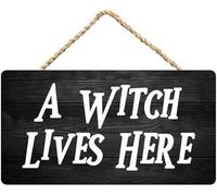 5x10 Inch A Witch Lives Here Wood Hanging Funny Signs Decorative Wall Pediments Rustic Wooden Door Sign Ornament For Holidays Home Kitchen Office Decor