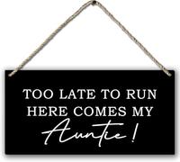 5x10 Inch Ring Bearer Sign, Ring Bearer Wedding Too Late To Run Here Comes My Auntie Plaque Sign Wall Hanging, Black Wedding Decor