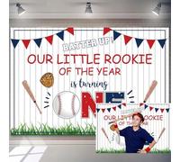 5x3ft Baby Boy 1st Birthday Backdrop Red Blue Triangle Flag Baseball Bat White Wood Texture Photography Background Our Little Rookie of The Year is Turning Banner Cake Table Decor Photo Booth Props