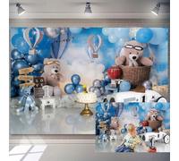 5x3ft Baby First Birthday Backdrop Boy Balloons Little Bear 1st Birthday Party Decoration Supplies Cake Racing Car Blue Photography Background for Boys Baby Shower New Born Photo Booth Banner Props