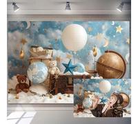 5x3ft Boy First Birthday Backdrop Moon Star Cloud Balloon Bear 1st Birthday Party Decor Globe Vintage Treasure Chest Travel Adventure Theme Photography Background for New Born Photo Booth Props