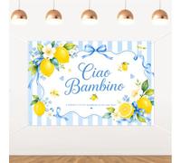 5x3ft Ciao Bambino Backdrop Blue Striped Lemon Floral Banner | A Sweet Little Bambino Is On The Way Background for Baby Shower Lemon Themed Photo Booth Decor