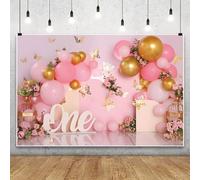 5x3ft First Birthday Backdrop for Girl Pink and Gold Butterfly Balloons 3D Photography Background Girl's 1st Birthday Party Decorations Newborn Baby Shower Cake Table Photo Booth Banner Props