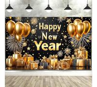 5X3ft Happy New Year Backdrop, 2026 New Years Party Decorations Happy New Year's Eve Banner Photography Background Black and Gold Balloons Glitter New Years Backdrop