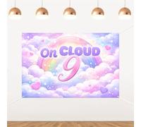5x3ft On Cloud 9 Birthday Backdrop Pastel Rainbow Cloud Heart Banner Purple Pink Cloud 9th Birthday Photography Background for Girls 9th Bday Party Decorations Baby Shower Photo Booth Supplies