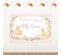 5x3ft Silly Goose Baby Shower Backdrop Decorations A Sweet Little Silly Goose Will Soon Be On The Loose Banner Background Pink Plaid Floral Photography Background for Baby Shower Gender Reveal Decor
