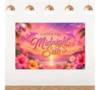 5x3ft Under The Midnight Sun Backdrop Sunset Beach Tropical Hibiscus Dolphin Disco Ball Seashell Starfish Banner Ocean Floral Photo Background for Hawaiian Luau Summer Pool Party Decor