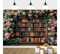 5X3ft Vintage Bookshelf Backdrop Bookshelf Flower Background, Retro Study Photography Background Ancient Library Backdrop Decor Kid Adult Birthday Party Decorations Photo Booth Props, Color-1