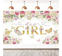 5x4FT Baby Shower Backdrop It's a Girl Watercolor Pink Flowers Butterflies Princess Photography Background Newborn Baby Shower Birthday Party Cake Table Decorations Banner Photo Booth Props