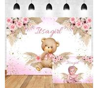 5x4ft Boho Bear Baby Shower Backdrop for Girls Party Decoration Supplies Bohemian Pampas Grass Blush Pink Floral It's a Girl Gender Reveal Photography Background Newborn Party Decorations Banner
