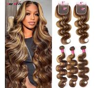 5x5 Closure With Bundles Honey Blonde Body Wave Bundles With Closure Ombre Colored Highlight Human Hair Bundles With Closure