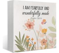 5x5 Inch Bible Verse Boho Watercolor Wooden Box Block Plaque Sign Decor, Christian Religious Decor Gift, I Am Fearfully And Wonderfully Made,Inspirational Christian Nursery Home Desk Shelf Decor