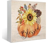 5x5 Inch Blessed Thanksgiving Sign - Pumpkin Sunflower Decor - Kitchen Shelf