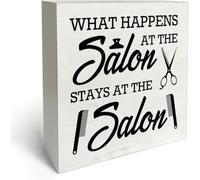 5x5 Inch Hairdresser Hairstylist Sign What Happens At The Salon Stays At The Salon Wooden Block Plaque Box Sign farmhouse Barbershop Shelf Table Decorations Gift For Women Men