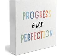 5x5 Inch Inspirational Desk Decor, Progress Over Perfection Motivational Wooden Box Sign For Office Classroom Decor, Boho Classroom Decor, Mental Health Decor