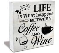 5x5 Inch Rustic Coffee Wine Wood Box Sign Life Is What Happens Between Coffee And Wine Wooden Box Sign Home Kitchen Wine Bar Desk Shelf Decor