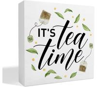 5x5 Inch Tea Decor Wooden Box Sign, Tea Bar Tea Station Pantry Table Decor For Office Home Kitchen Decoration, Tea Lover Gifts For Women Men, It'S Tea Time
