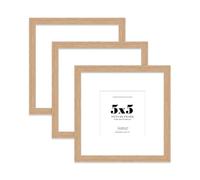 5x5 Oak Picture Frame with Mount for 3x3 Photos, Prints - Modern Square Wall Frame, Set of 3