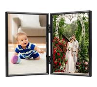 5x7 Double Photo Frame Desk Hinged Picture Frames Double Metal Picture Frame Folding Photo Frames with Real Glass Vertical Freestanding Hold 2 Photos for Wedding Family Pictures (Black)