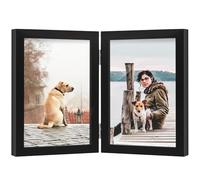 5X7 Double Photo Frame, Hinged Folding Wooden Picture Frame with Safe Perspex Front, 7x5 Vertical Picture Frame for Home & Office Tabletop Display, Black