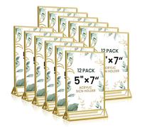 5x7 Gold Acrylic Sign Holder, 12 Pack Wedding Table Number Stands With Vertical Gold Borders, Double Sided Picture Frame Paper Stand, Clear Photo Display Menu for Party, Home, Restaurant