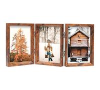 5x7 Triple Picture Frame Rustic Brown Wooden Hinged Beveled Photo Frame Definition Glass 3 Vertical Openings Stand on Desktop Tabletop