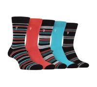 Farah - Mens 5 Pack Natural Organic Bamboo Bright Striped Patterned Socks (6-11, Black/Red)