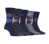 (6-11 UK, Navy Purple (Argyle)) FARAH - 5 Pack Mens Classic Patterned Office Cotton Dress Socks