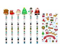 6/12/24/36 Kids Christmas Themed HB Pencils With Eraser Toppers & 1 Sheet Of 3D Santa Puff Stickers ! (24)